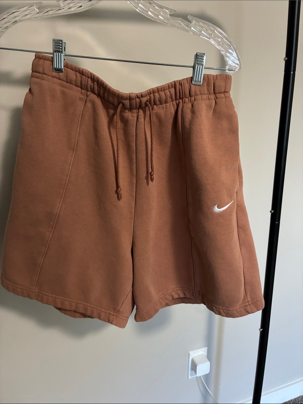 Nike Men’s Rust Drawstring Fleece Athletic Shorts with White Swoosh